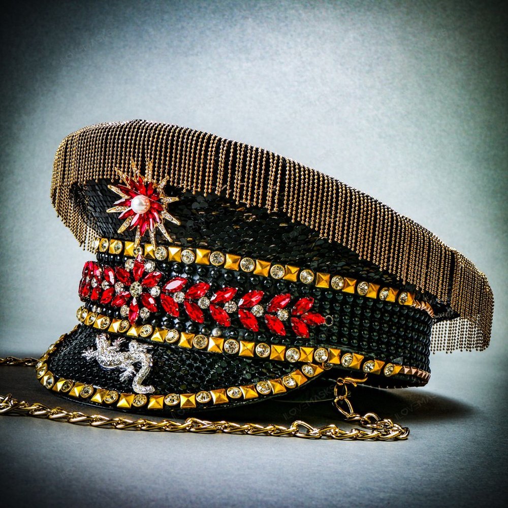 Black Military Captain Hat with Rhinestone and Gold chain For Burning Man Party - Picture 1 of 8